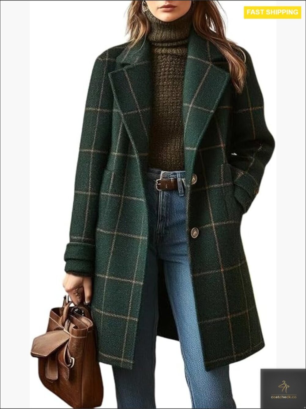 Classic Plaid Wool Trench Coat Elegant Notch Collar Loose Fit Mid-Length